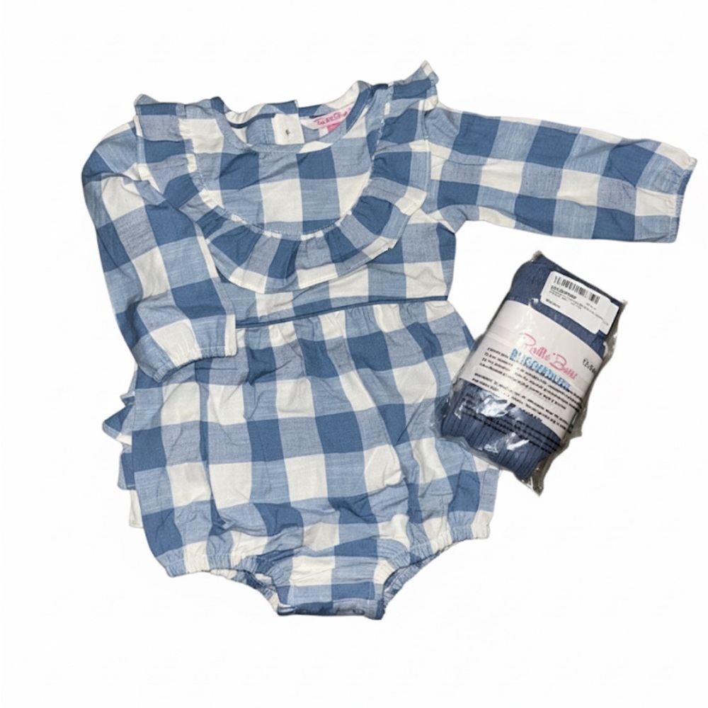 Ruffle Butts Blue and White Plaid Romper with matching Tights